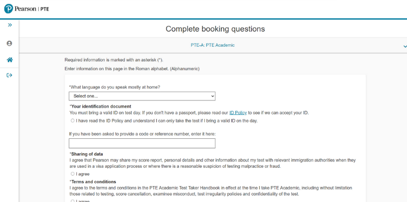 PTE Test Booking Questions Page