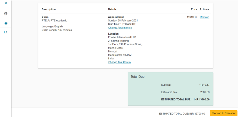 PTE Test Booking Details Review Page