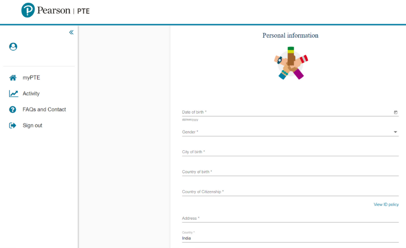 PTE Personal Profile Set-up Page