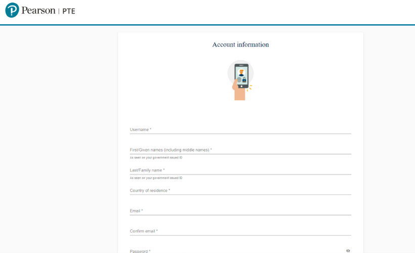 Pearson PTE Sign Up Page